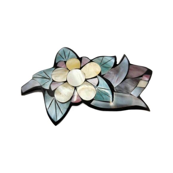 Vintage Lee Sands Mother of Pearl Inlay Flower Brooch, 4" Wide - Picture 5 of 10